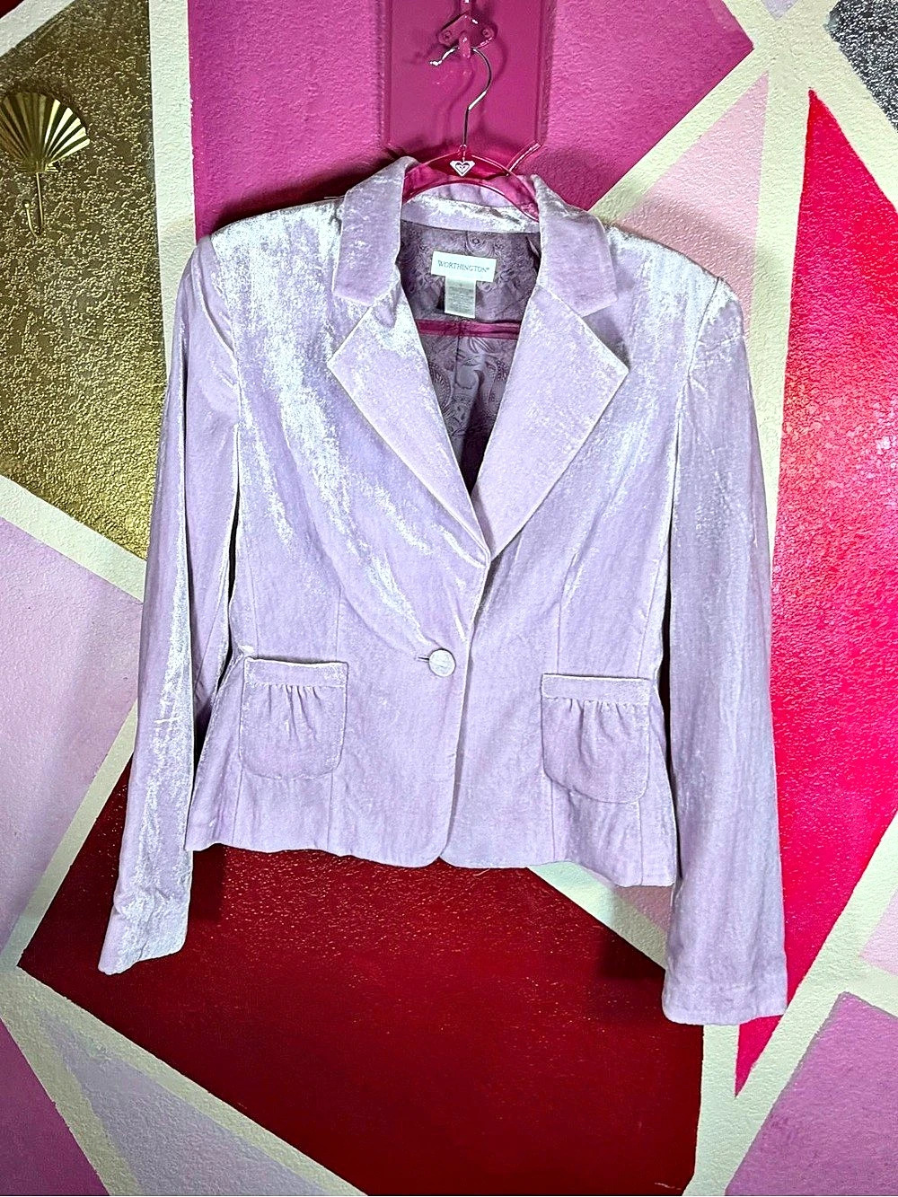 Worthington Lilac Crushed Velvet Blazer Size 8 Y2K Paisley Lined Jacket
